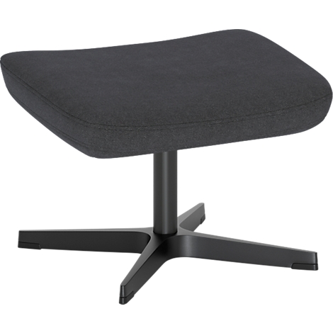 Repose-pieds rembourré gris foncé avec piétement en croix noir sur fond blanc.