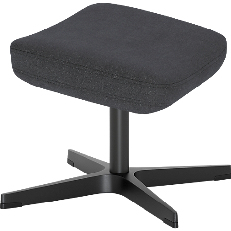 Repose-pieds gris foncé avec une base en métal noir à quatre pieds sur fond blanc.