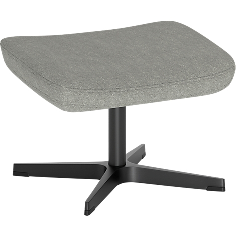 Tabouret avec assise rembourrée gris clair sur un pied en métal noir à quatre branches, fond blanc.