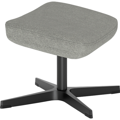 Tabouret avec assise rembourrée gris clair sur une base à quatre pieds en métal noir.