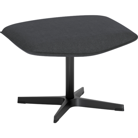 Repose-pieds rembourré gris foncé avec un piètement croisé noir sur fond blanc.