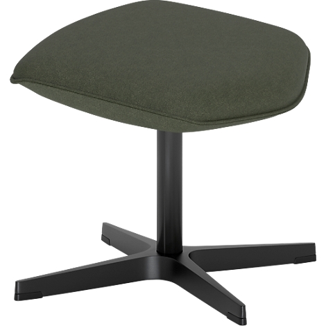 Tabouret avec assise rembourrée vert olive sur une base en croix métallique noire sur fond blanc.