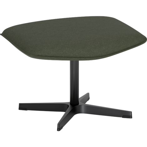 Repose-pieds moderne avec assise vert olive et piètement en étoile noir sur fond blanc.