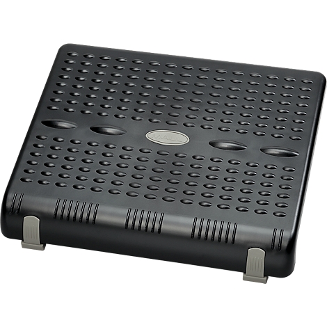 Support pour ordinateur portable noir avec de nombreux petits trous. Pieds gris qui soulèvent le support.