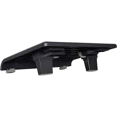 Pièce en plastique noir de forme rectangulaire avec supports. Clips gris et motif quadrillé en dessous.