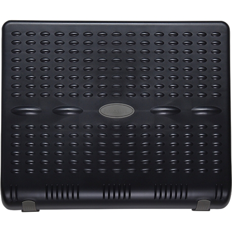 Repose-pieds noir avec motif pointillé et logo ovale. Dessous avec grille et pieds.