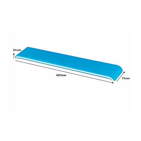 Objet bleu, allongé avec des contours blancs et des mesures: 437mm, 21mm et 71mm.