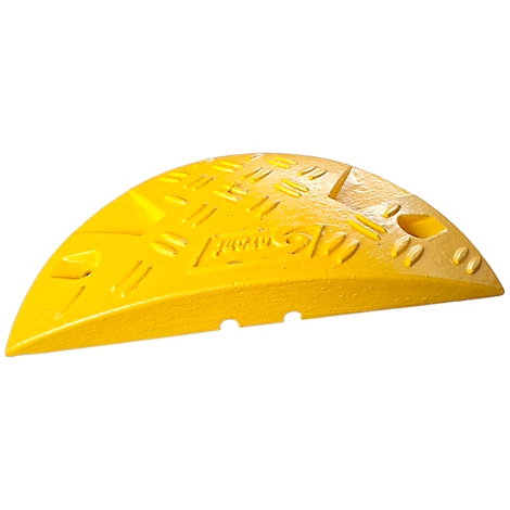 Divisor de carretera amarillo, semicircular, con superficies texturizadas. La inscripción 'Morear ST' está grabada.