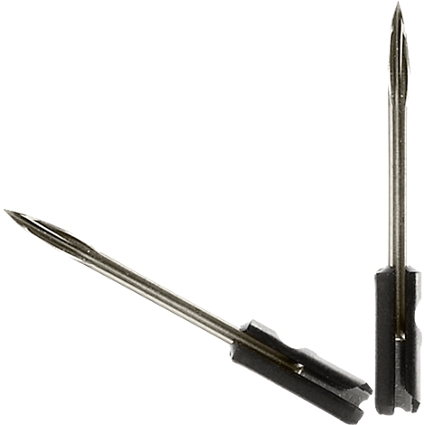 Twee naalden met zwarte handvatten; de ene ligt schuin, de andere staat verticaal.