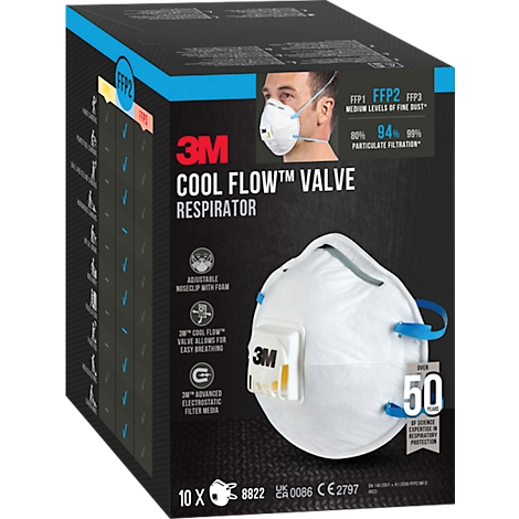 White 3M Cool Flow respirator with black packaging. Text: FFP2. Filter performance details. Over 50 years of experience.