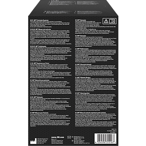 Back of a black packaging with text in multiple languages. A warning symbol at the top.