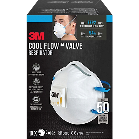 White 3M respirator with cooling valve and product information on a black package. FFP2 protection, over 50 years of experience.