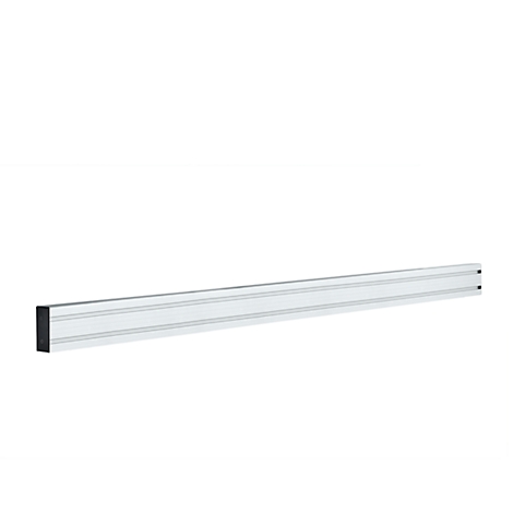 Long, silver-colored metal strip with black end on the left side. On a white background.
