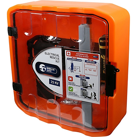 Orangefarbene elektrische Rettungsbox mit transparenter Front. Aufschrift: 'Electrical Rescue Kit'.