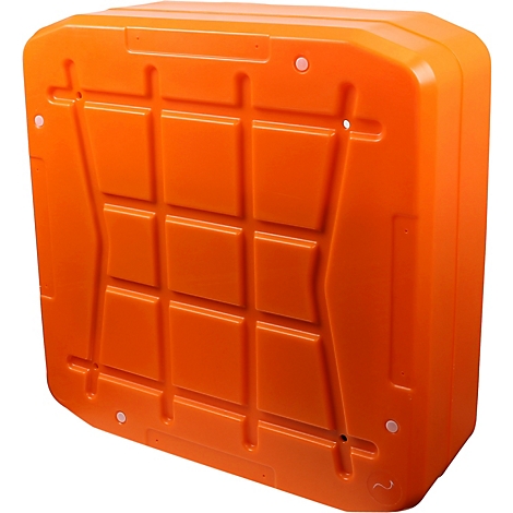 Orange, quaderförmige Box mit vertieften Mustern und runden weißen Elementen.