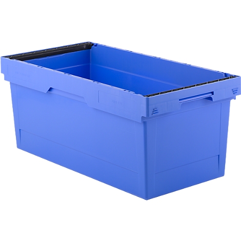 Blue plastic box with handles and black edge.