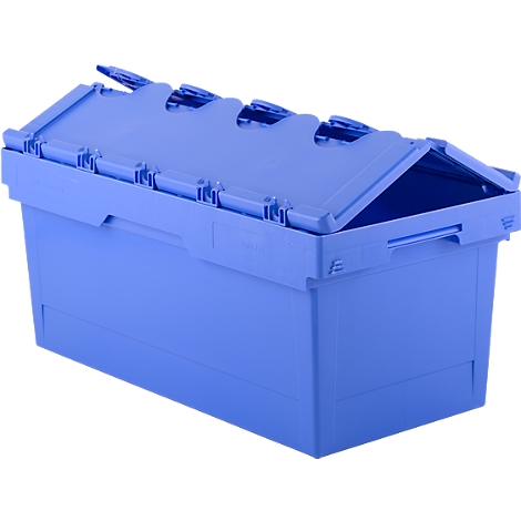Blue plastic box with partially open lid, on a white background.