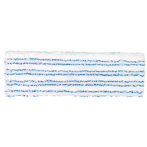Une tête de balai rectangulaire blanche avec des rayures bleues sur fond blanc.