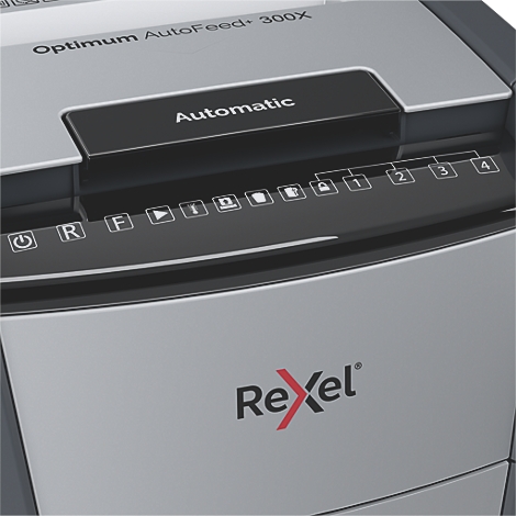 Close-up of a Rexel paper shredder with controls and the word "Automatic".