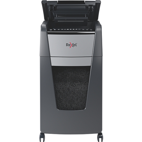 A dark paper shredder with an open lid. The "Rexel" lettering is visible on the front.