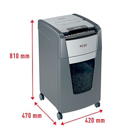 Gray paper shredder on wheels. Dimensions: 810 mm high, 470 mm wide, 420 mm deep. Rexel logo.