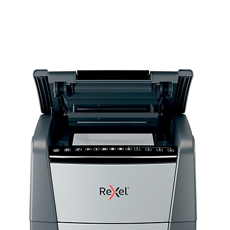 Grey paper shredder with the top open. The Rexel logo is visible.