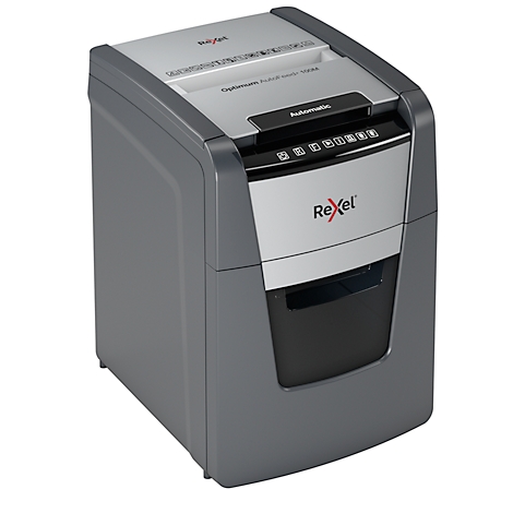 Grijze en zilveren papierversnipperaar met het "Rexel" logo en het woord "Automatic".