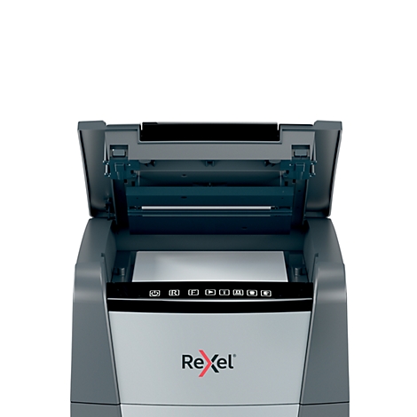 Grijze en witte papierversnipperaar met open deksel. Hieronder bevindt zich het bedieningspaneel met symbolen en het Rexel-logo.