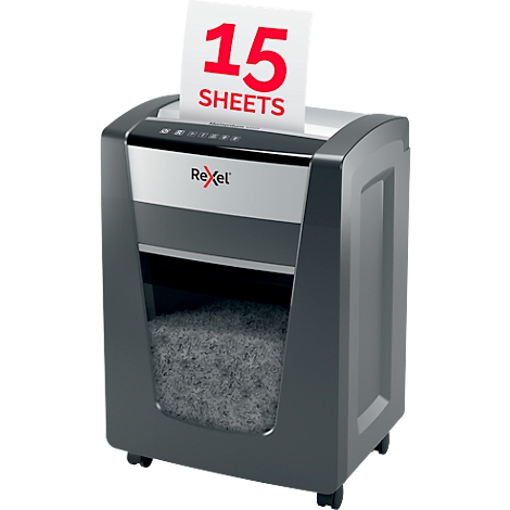 Gray paper shredder with paper remnants. A sheet with red text: 15 SHEETS.