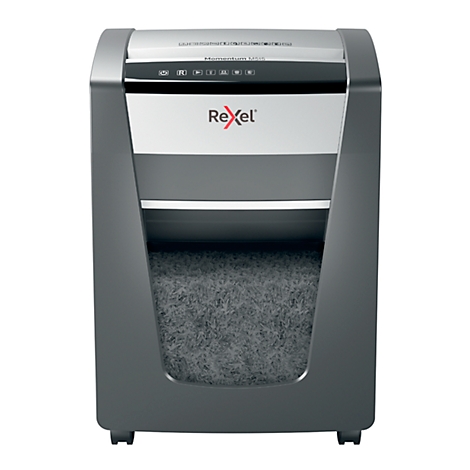 A gray and black paper shredder with the Rexel logo. The collection container is filled with shredded paper.