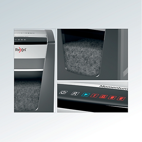 Close-up of a paper shredder with details of the interior, collection container and controls.