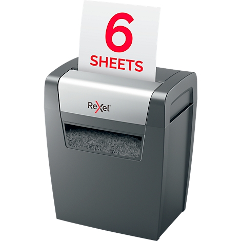 Paper shredder shredding paper with the number 6 on it. Logo: Rexel.