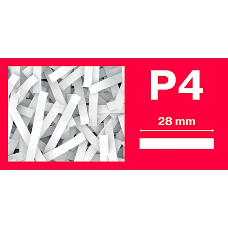 Shredded paper strips with the designation P4 and a length indication of 28 mm.