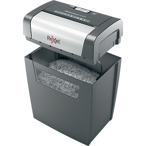 Shredder with open head; gray container filled with shredded paper. Rexel brand.