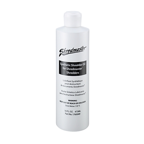 White Shredmaster bottle of shredder oil, with product name, warnings, and volume information in multiple languages.