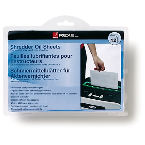 A person inserts an oil sheet into a paper shredder. The packaging reads "Shredder Oil Sheets".