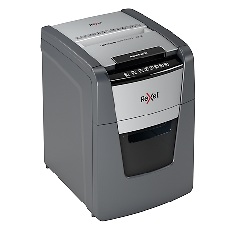 Gray and silver shredder with Rexel logo. Top: paper entry. Bottom: collection bin.