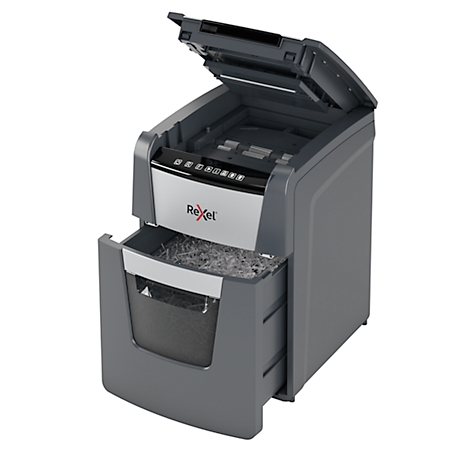Grey paper shredder with open lid and pulled-out wastebasket. The name Rexel is visible.