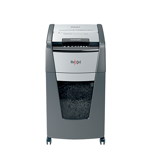 Grey and silver paper shredder with collection bin, wheels, and Rexel logo.
