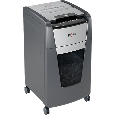 Gray paper shredder with black top. Window shows shredded paper.