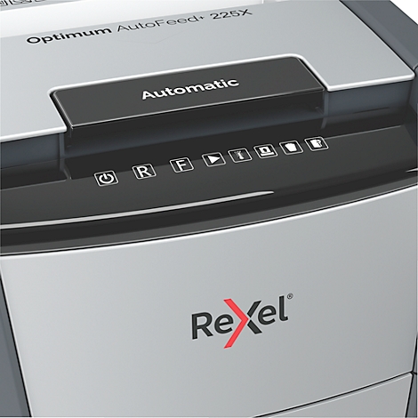 Close-up of a grey paper shredder. The top says "Optimum AutoFeed 225X" and "Automatic". Below are control buttons and the Rexel logo.