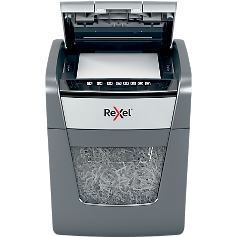 Grey paper shredder with paper ejection, Rexel logo, paper being shredded.