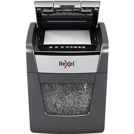 Paper shredder with the top open. The Rexel brand is visible.
