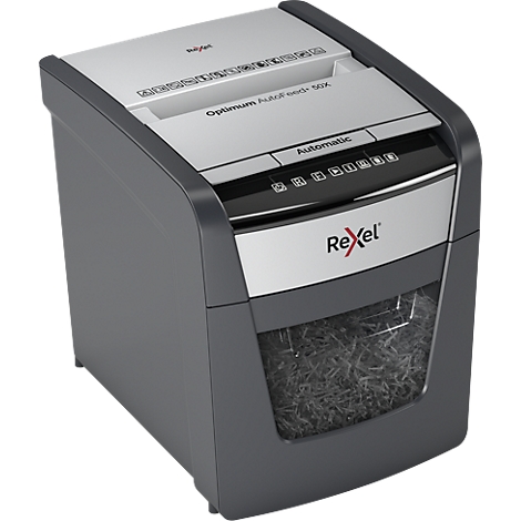 Gray paper shredder with silver elements. "Optimum AutoFeed+ 50X" at the top, "Automatic" below, and a "Rexel" logo.