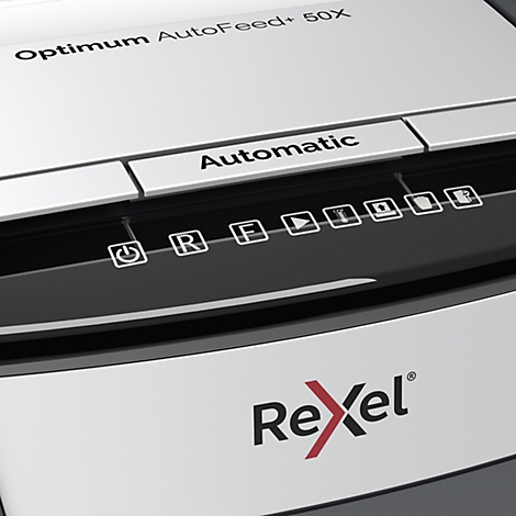 Close-up of a shredder with the Rexel logo, control buttons, and the words 'Optimum AutoFeed+ 50X'.