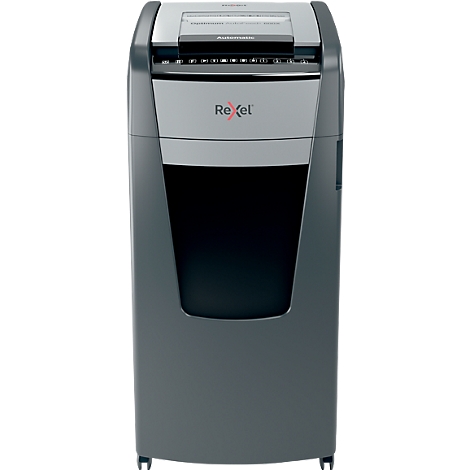 Gray and silver paper shredder with Rexel logo.