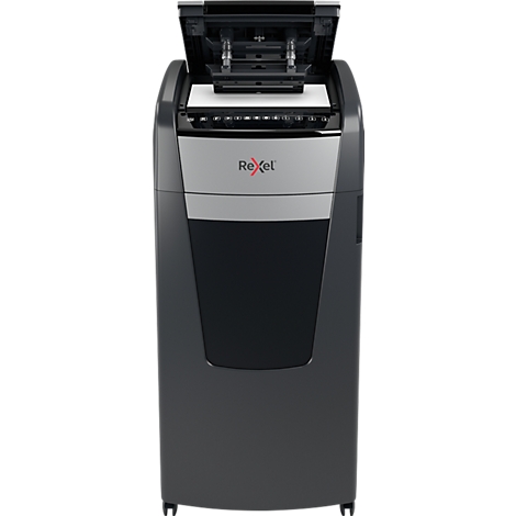 Grey shredder with open lid. Rexel brand with logo. Black buttons. Sheet of paper is ready.