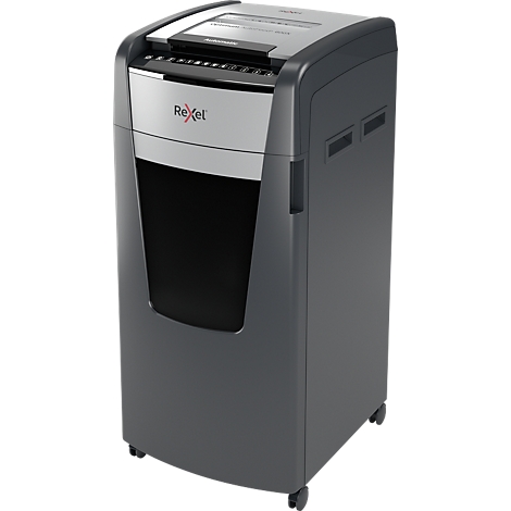 A black paper shredder with a silver front. The Rexel logo is visible. The shredder stands on wheels.