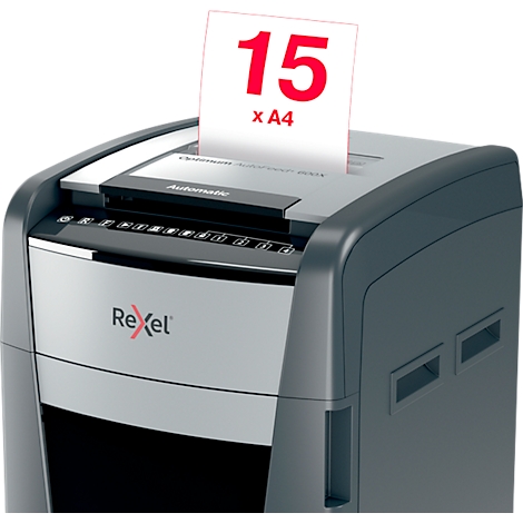 Shredder with a stack of paper showing "15 x A4" in red.