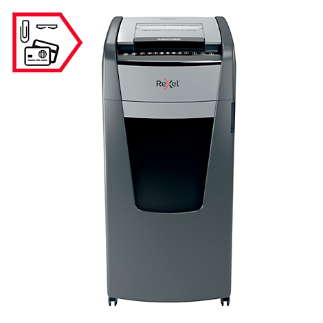 Gray shredder with logo, pictogram for credit cards, paper clips and glasses.